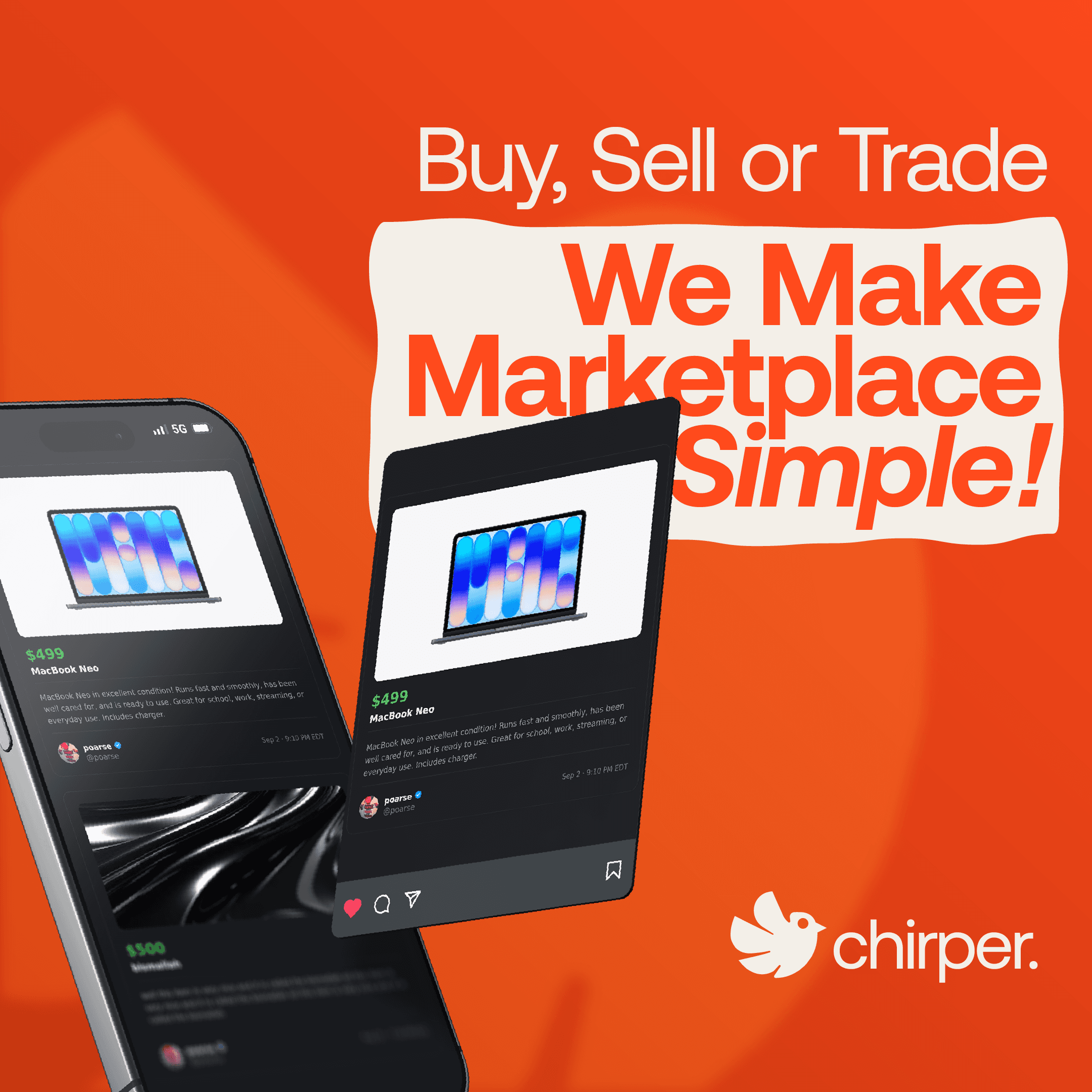 A Chirper Marketplace listing shown on a phone